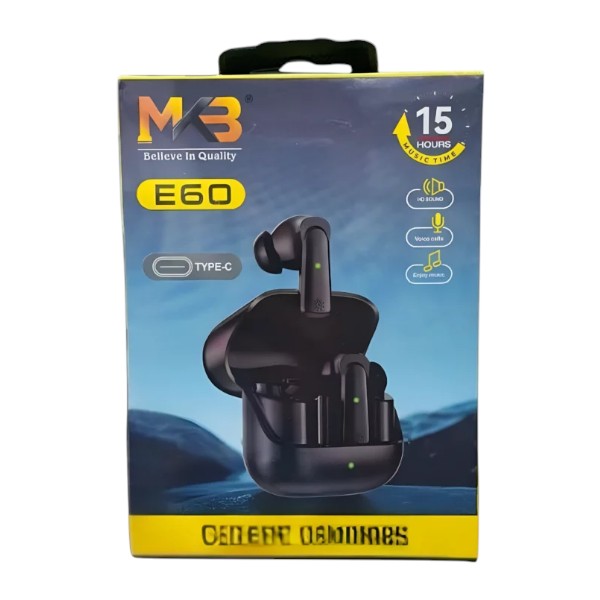 MKB E60 True Wireless Earbuds – Bluetooth 5.3, 15H Playback, USB-C Charging, Ergonomic Fit, Deep Bass, Compact Charging Case, Universal Compatibility
